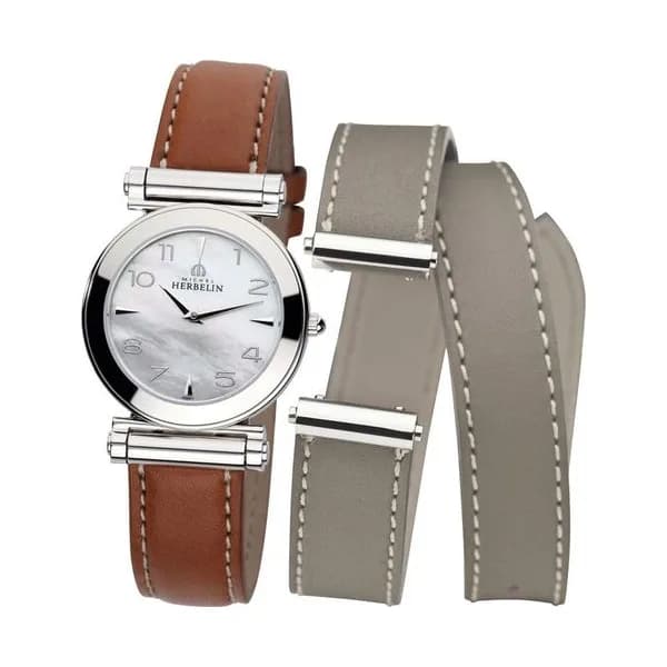 Michel Herbelin Montre Michel Herbelin Coffret Antarès quartz cadran nacre chiffres arabes bracelets cuir brun et gris 29 mm
