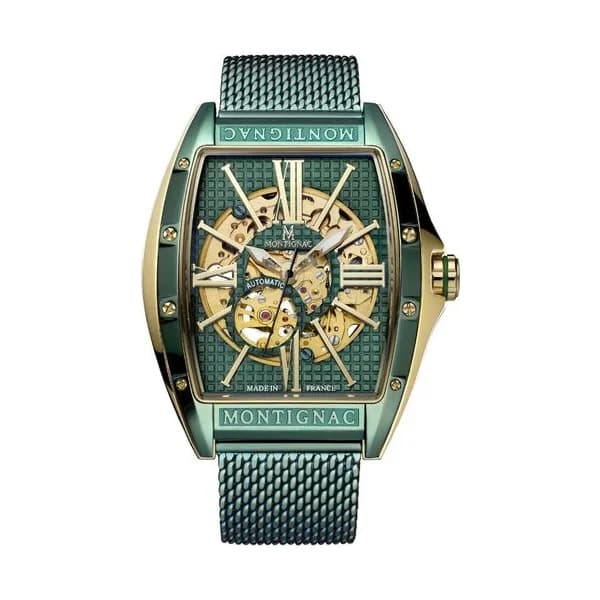 Montignac Montre automatique Homme Tonneau Vert, Doré