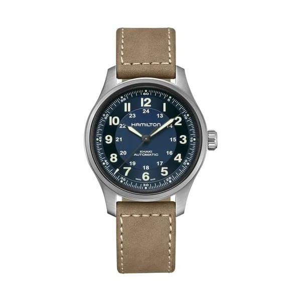 Hamilton Montre Hamilton Khaki Field Titanium automatique cadran bleu bracelet cuir taupe 42 mm