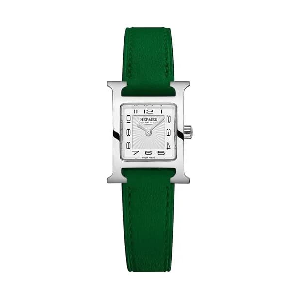 Hermès Montre HERMÈS Heure H Mini Modèle quartz cadran blanc bracelet cuir vert 21 mm