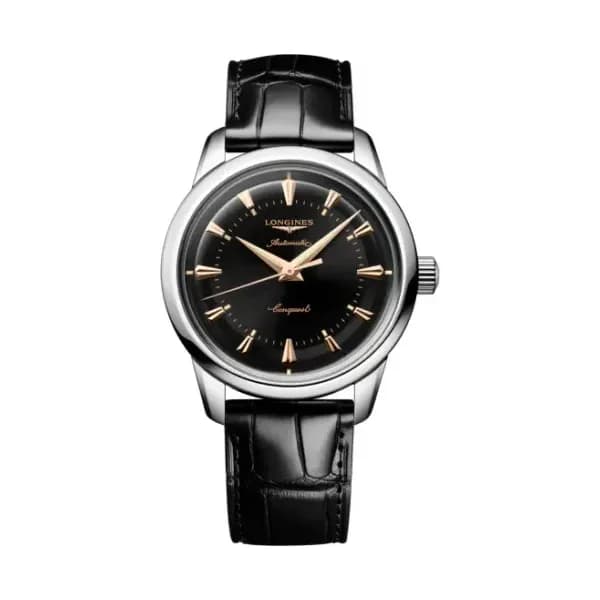 Longines Montre Longines Conquest heritage 38 mm Automatique Cadran Noir laqué poli Bracelet Cuir d'alligator