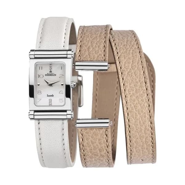Michel Herbelin Montre Michel Herbelin Coffret Antarès quartz cadran nacre chiffres arabes bracelets cuir blanc et beige