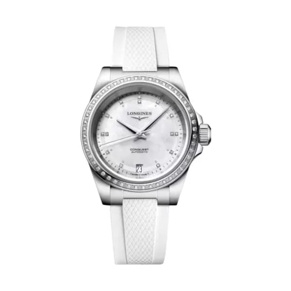 Longines Montre Longines Conquest automatique diamants cadran nacre bracelet caoutchouc blanc 30 mm