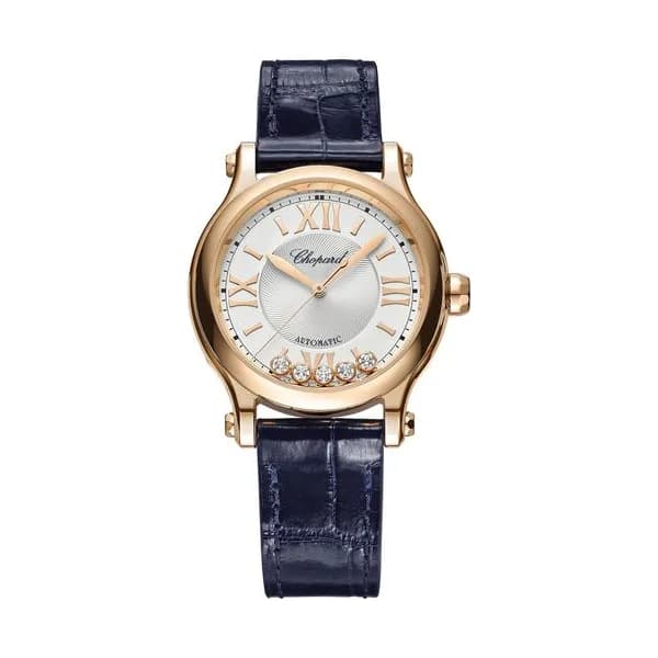 Chopard Montre Chopard Happy Sport Or Rose automatique cadran argent bracelet cuir bleu 33 mm