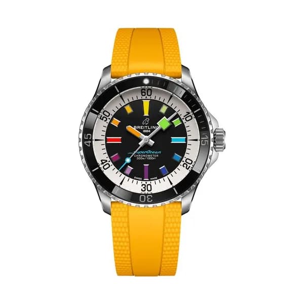 Breitling Montre Breitling Superocean automatique cadran noir bracelet caoutchouc jaune 42 mm