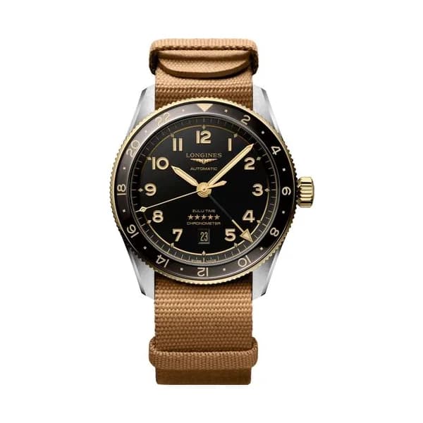 Longines Montre Longines Spirit Zulu Time Steel&amp;Gold automatique cadran noir bracelet NATO brun 42 mm