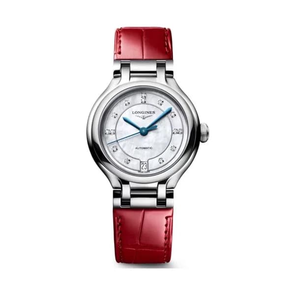 Longines Montre Longines PrimaLuna auto cadran nacre blanche index diamants bracelet cuir rouge 34 mm