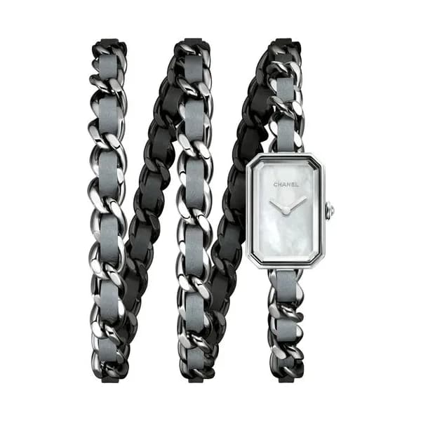 Chanel Montre CHANEL Première Rock quartz cadran nacre blanche bracelet triple-tour acier et cuir gris 23,6 x 15,8 mm