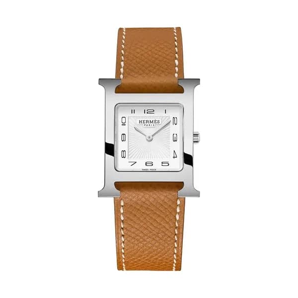 Hermès Montre HERMÈS Heure H Moyen Modèle quartz cadran blanc bracelet cuir marron 30 mm