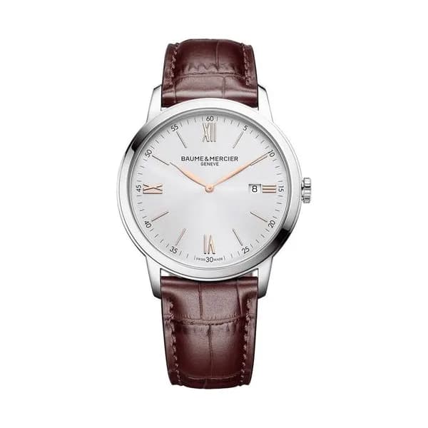 Baume & Mercier Montre Baume et Mercier Classima quartz cadran argenté bracelet cuir veau brun 42 mm