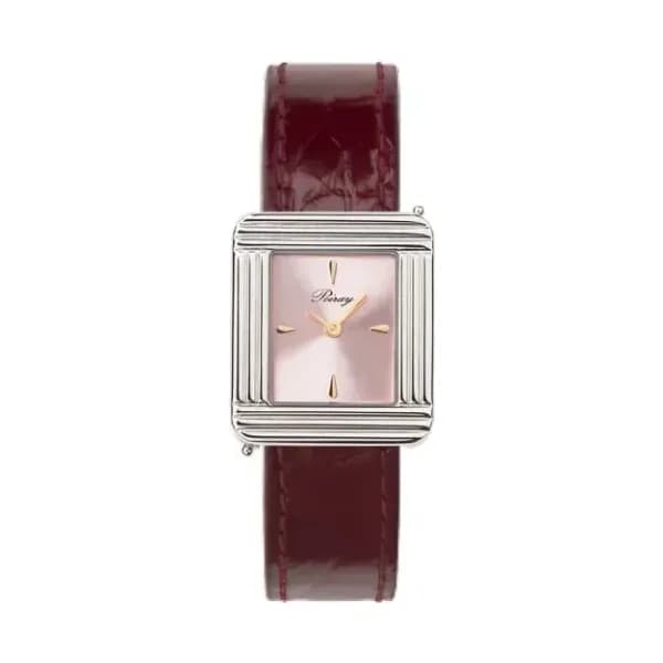 Poiray Montre Poiray Ma Première Acier Cadran Rose Bracelet Alligator Bordeaux