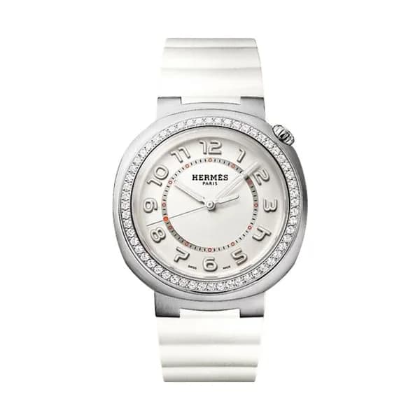 Hermès Montre HERMÈS Cut Grand Modèle automatique lunette sertie cadran argenté bracelet caoutchouc blanc 36 mm