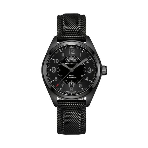 Hamilton Montre Hamilton Khaki Field Day Date automatique cadran noir bracelet cuir textile noir 42 mm