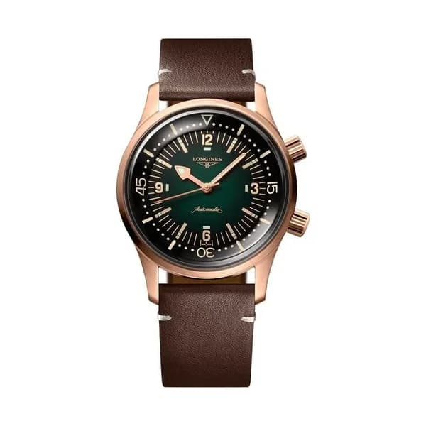 Longines Montre Longines Legend Diver Bronze automatique cadran vert bracelet cuir brun 42 mm