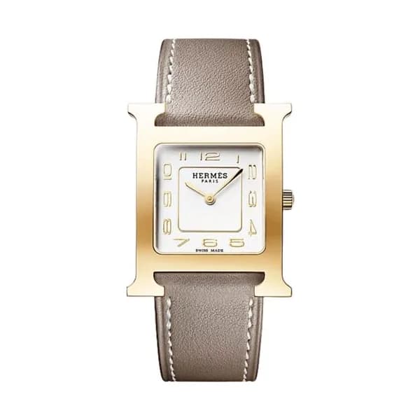 Hermès Montre HERMÈS Heure H Moyen Modèle PVD quartz cadran argenté bracelet cuir étoupe 30 mm