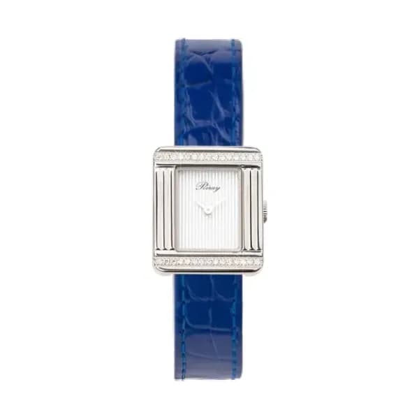 Poiray Montre Poiray Ma Première Mini Acier Serti Diamants Bracelet Alligator Bleu