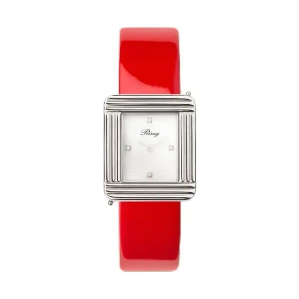 Poiray Montre Poiray Ma Première Cadran Blanc Serti Bracelet Veau Vernis Rouge