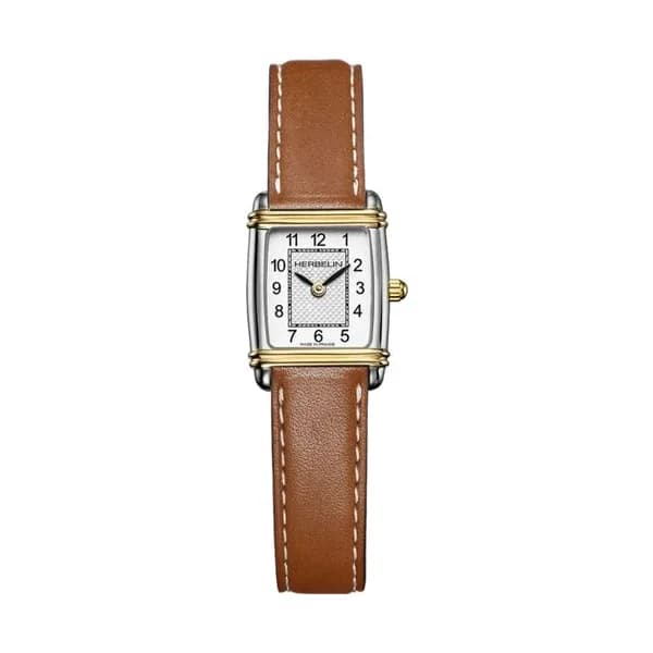 Michel Herbelin Montre Herbelin Art Déco Tonneau quartz cadran argent blanc bracelet cuir camel 17.8 x 19.4 mm
