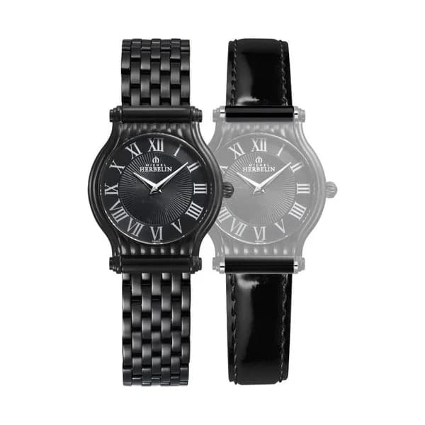 Michel Herbelin Montre Michel Herbelin Coffret Antarès quartz cadran noir bracelets acier et cuir noir 32 mm