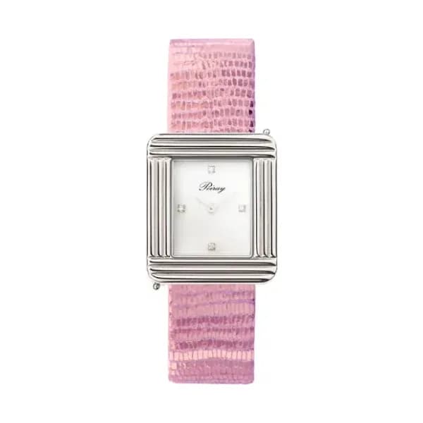Poiray Montre Poiray Ma Première Cadran Blanc Serti Bracelet Chèvre Rose