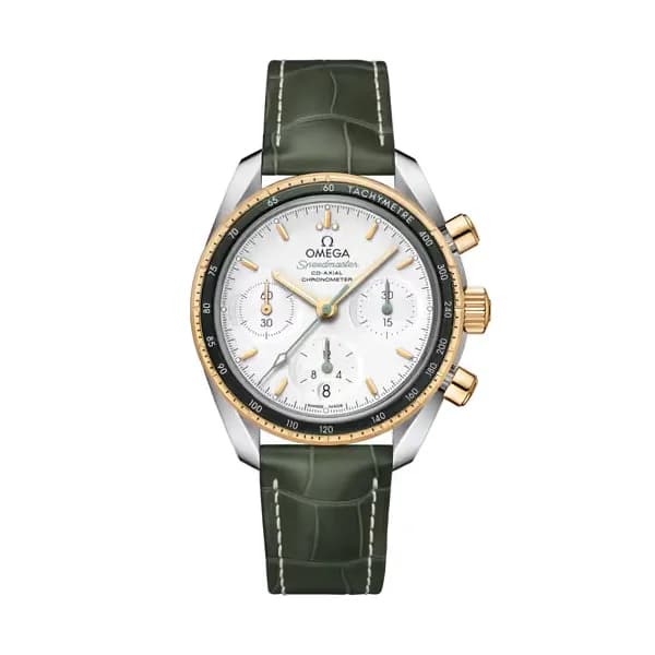 Omega Speedmaster 38 mm, acier - or jaune sur bracelet en cuir