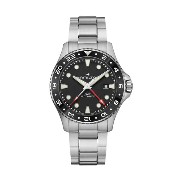 Hamilton Montre Hamilton Khaki Navy Scuba automatique GMT cadran noir bracelet acier 43 mm
