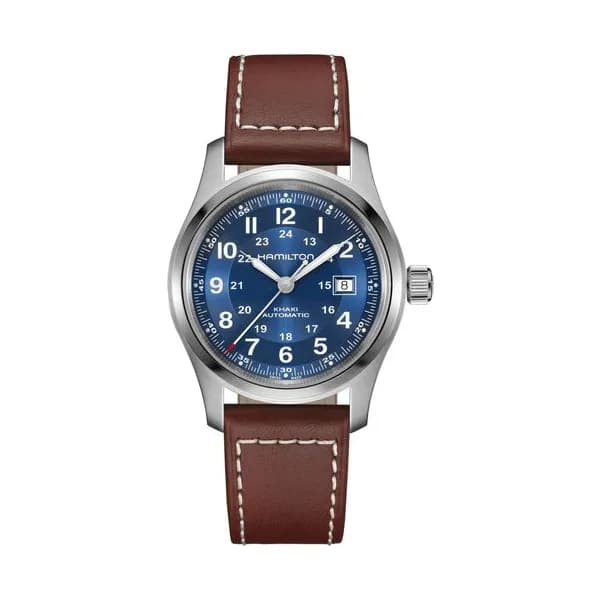 Hamilton Montre Hamilton Khaki Field automatique cadran bleu bracelet cuir brun 38 mm