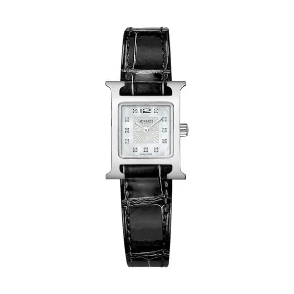 Hermès Montre HERMÈS Heure H Mini Modèle quartz index diamants cadran nacre blanche bracelet cuir croco noir 21 mm