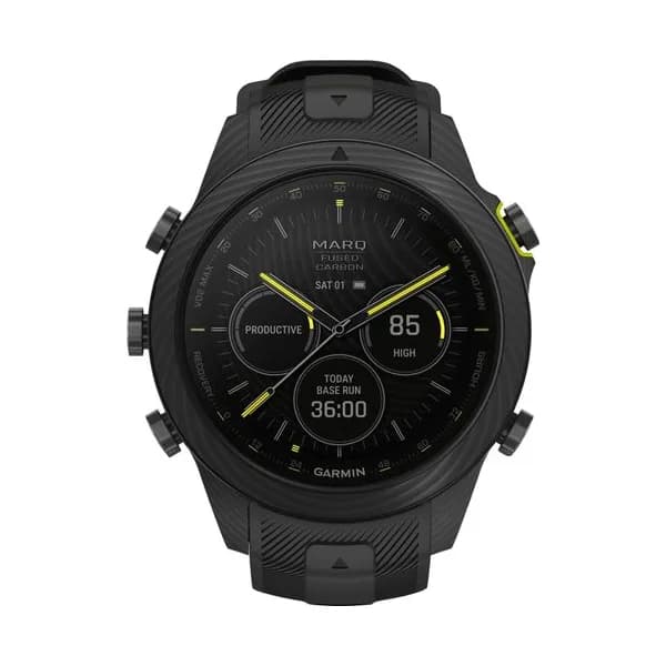 Garmin Marq Montre Garmin Marq Gen 2 Athlete Carbon Edition saphir carbone et titane bracelet silicone noir et ceinture cardio-fréquencemètre 46 mm