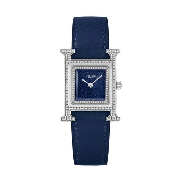 Hermès Montre HERMÈS Heure H Petit Modèle sertie quartz cadran aventurine bleue bracelet cuir bleu 25 mm