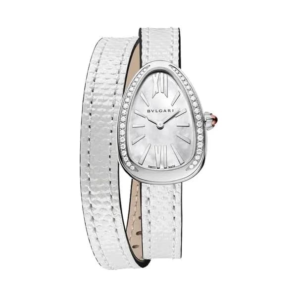 Bulgari Montre Bulgari Serpenti quartz lunette sertie cadran nacre blanche bracelet cuir argent 27 mm