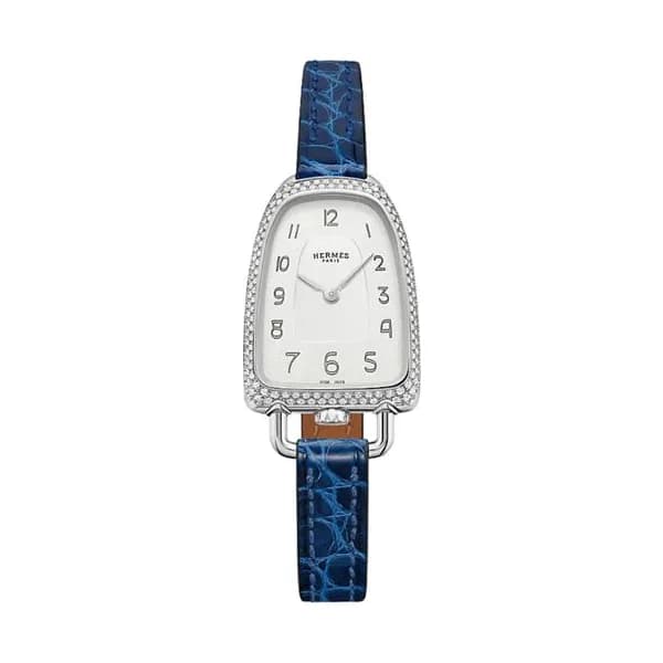 Hermès Montre HERMÈS Galop d'Hermès Moyen Modèle sertie quartz cadran argent bracelet cuir bleu 32 mm