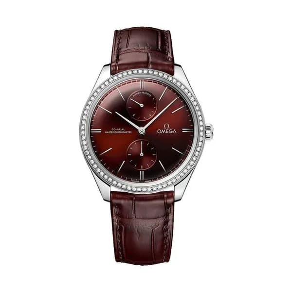 Omega Montre Omega de Ville Trésor Co-Axial Master Chronometer Réserve de Marche lunette sertie cadran rouge bracelet cuir bordeaux 40 mm