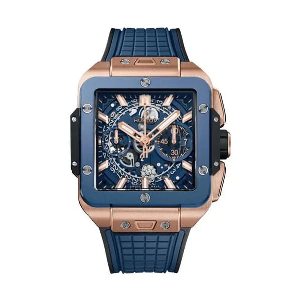 Hublot Montre Hublot Square Bang Unico King Gold Blue Ceramic automatique cadran squelette bracelet caoutchouc bleu 42 mm