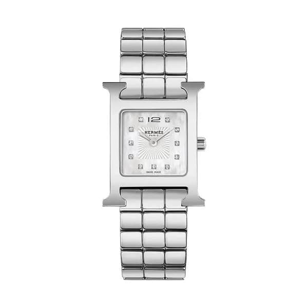 Hermès Montre HERMÈS Heure H Petit Modèle quartz index diamants cadran nacre blanche bracelet acier 25 mm