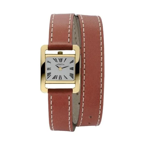 Michel Herbelin Montre Michel Herbelin 5ème Avenue quartz acier PVD or jaune bracelet cuir double tour marron