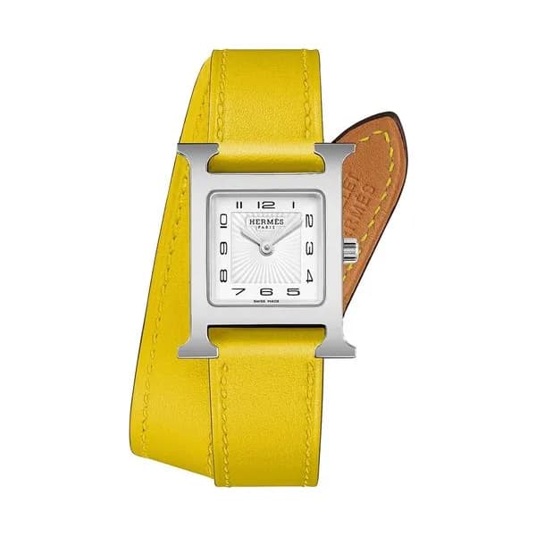 Hermès Montre HERMÈS Heure H Petit Modèle quartz cadran blanc bracelet double tour cuir jaune 25 mm