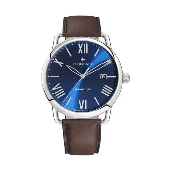Pequignet Montre Equus Origine Cadran Bleu 4755473 cuir marron