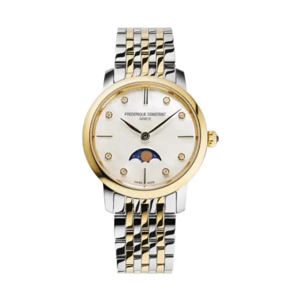 Frédérique Constant Montre Frédérique Constant Slimline Ladies Moonphase Quartz Cadran Nacré Bracelet Acier et PVD Doré - FC-206MPWD1S3B