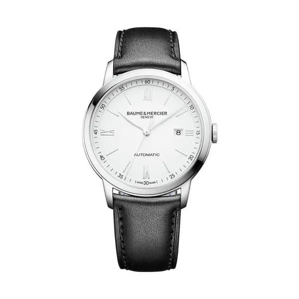 Baume & Mercier Montre Baume et Mercier Classima automatique cadran blanc bracelet cuir veau noir 42 mm