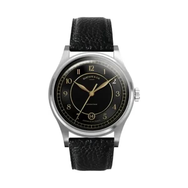 Gustave & Cie Montre 12H Charles Argent & Noir Cuir Noir Grainé 38mm