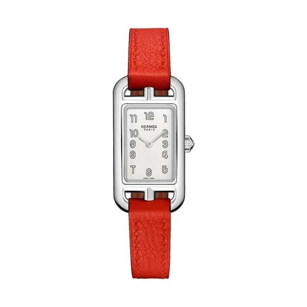 Hermès Montre HERMÈS Nantucket Très Petit Modèle quartz cadran argenté opalin bracelet cuir rouge 17 mm