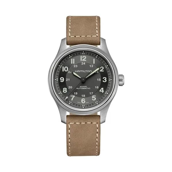 Hamilton Montre Hamilton Khaki Field Titanium automatique cadran noir bracelet cuir brun 42 mm