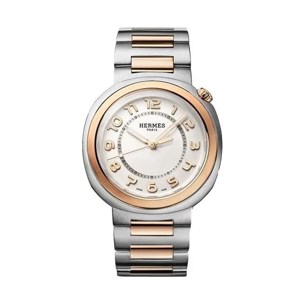 Hermès Montre HERMÈS Cut Grand Modèle automatique cadran argenté bracelet et lunette or rose et acier 36 mm