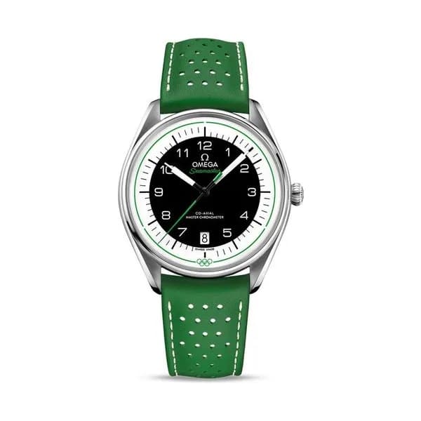 Omega Montre Omega Seamaster Jeux Olympiques cadran blanc bracelet cuir vert Edition limitée 2032 ex. 39,5 mm