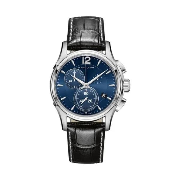 Hamilton Montre Hamilton Jazzmaster Chrono quartz cadran bleu bracelet cuir noir façon croco 42 mm