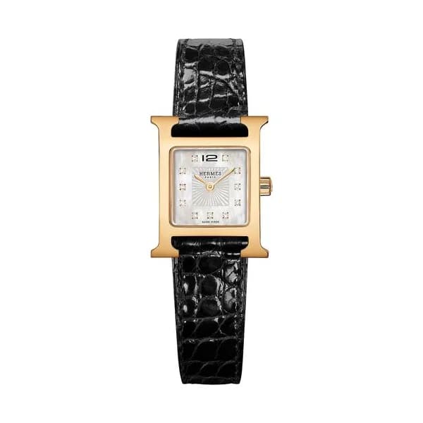 Hermès Montre HERMÈS Heure H Mini Modèle quartz index diamants cadran nacre blanche bracelet cuir croco noir 21 mm