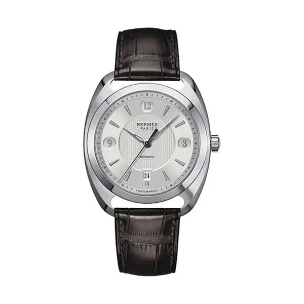 Hermès Montre HERMÈS Dressage Grand Modèle automatique cadran argenté bracelet cuir marron 40 mm