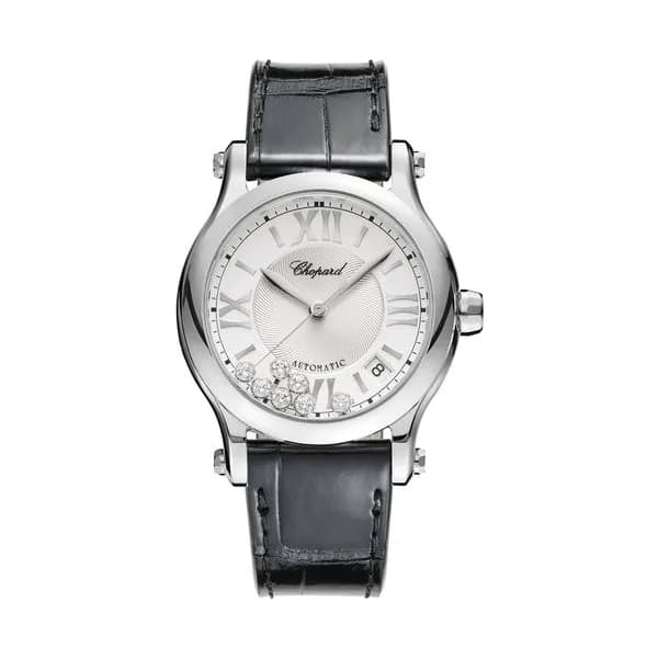 Chopard Montre Chopard Happy Sport automatique cadran argent bracelet cuir noir 36 mm