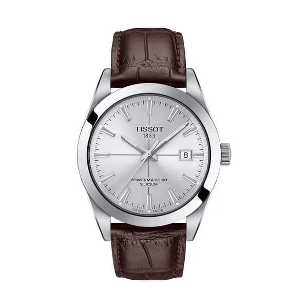 Tissot Montre Tissot T-Classic Gentleman Powermatic 80 cadran argent bracelet cuir brun 40 mm